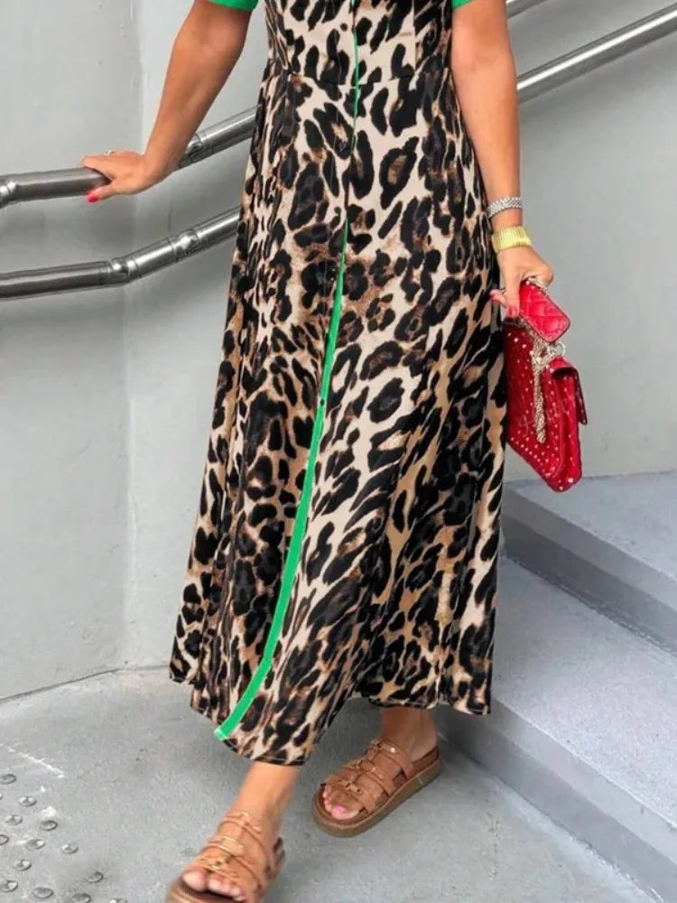 UOOZEE Women's Fashion Leopard Printed Lapel Shirts Dress Loose Short Sleeves Buttoned Elegant Party Evening Maxi Dresses