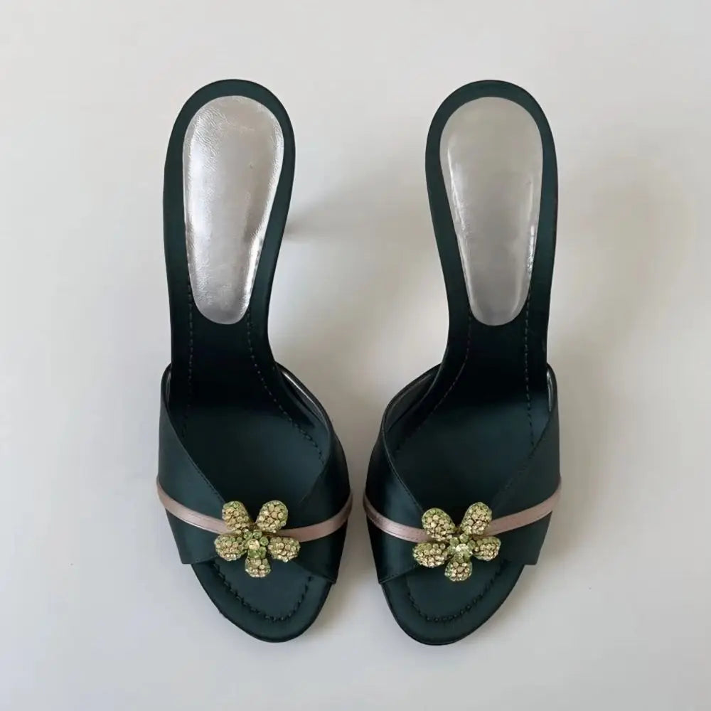 Retro Dark Green Satin Peep Toe Heels