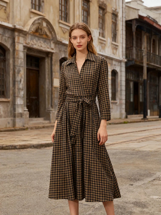 Elegant Plaid Women's Long Dresses Loose Tie Up Bow Laple Full Sleeve A-line Dress For Woman 2026 Spring New Lady Party Robes