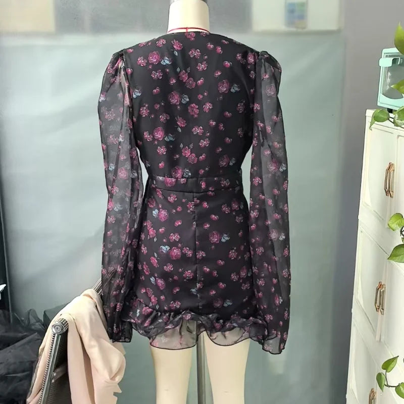 Floral Printed Ruffle Mini Dress with Deep V Neck for Women