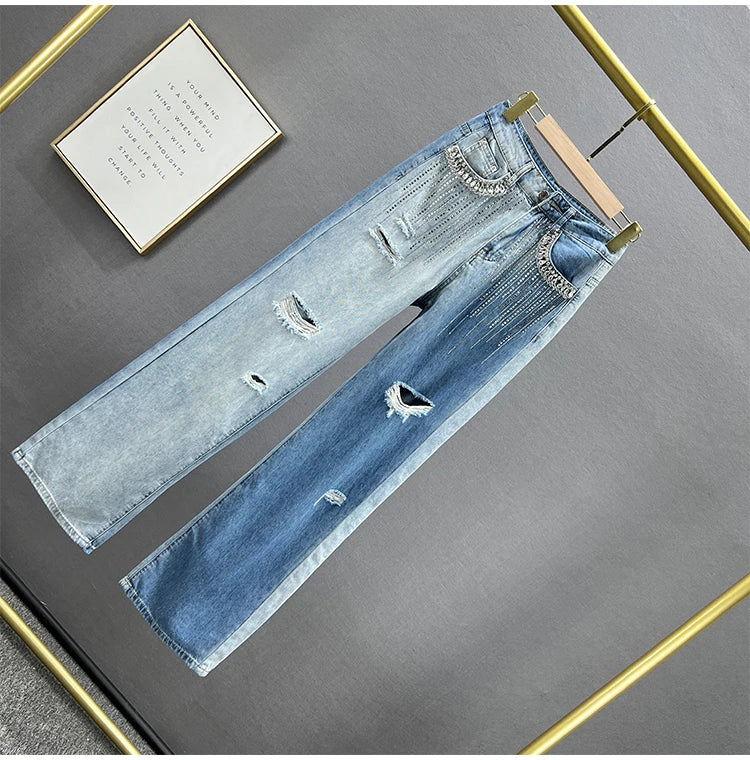 High Waist Wide Leg Jeans Women's Summer New Sle Diamond Embellied Hong Kong Sle Loose Fit Slimming Long Pants