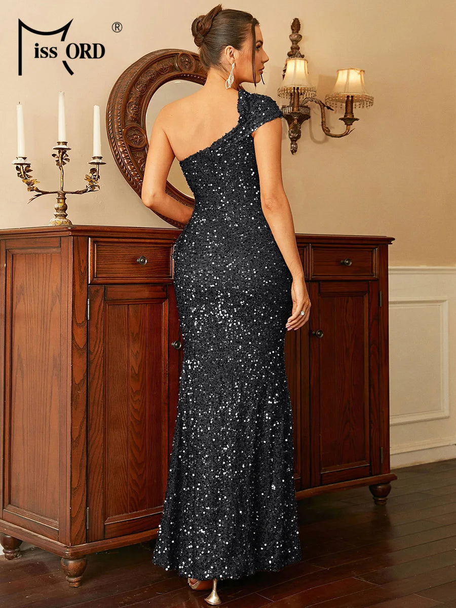 Missord Orange Sequin Evening Dresses Elegant Women One Shoulder Sleeveless Ruffle Bodycon Mermaid Party Dress Long Prom Gown