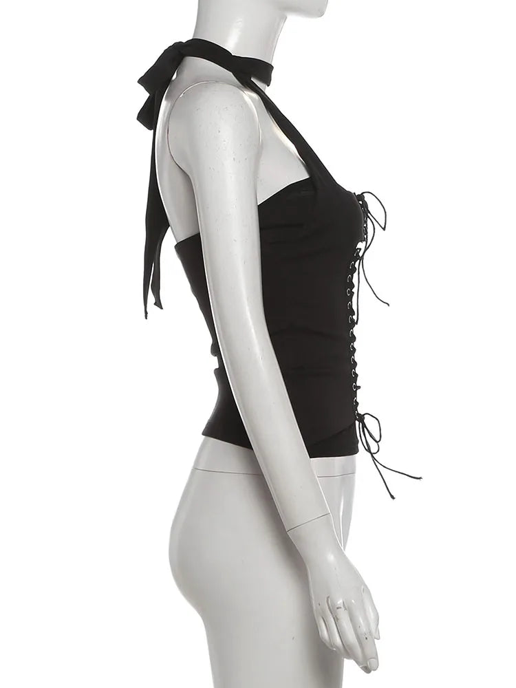 Halter Patchwork Backless Shirred Tank Top for Women