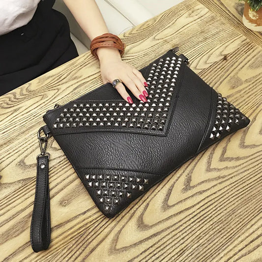 Polished Rivet Envelope Clutch Bag
