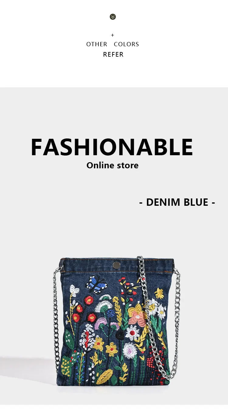 Embroidered Floral with Chain Shoulder Bag for Women