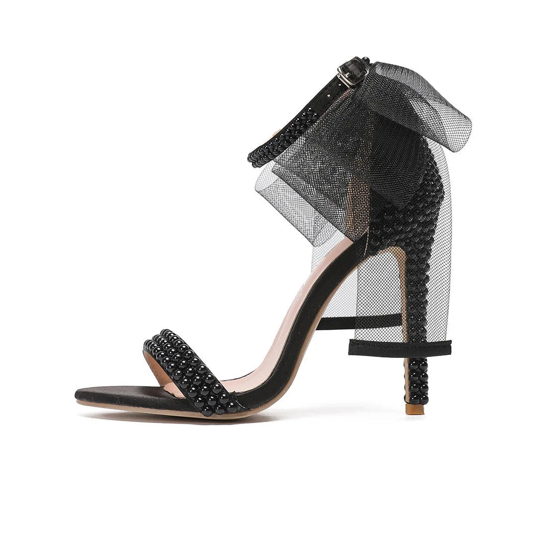Elegant Pearl Beaded Mesh Bowknot Sandals for Women
