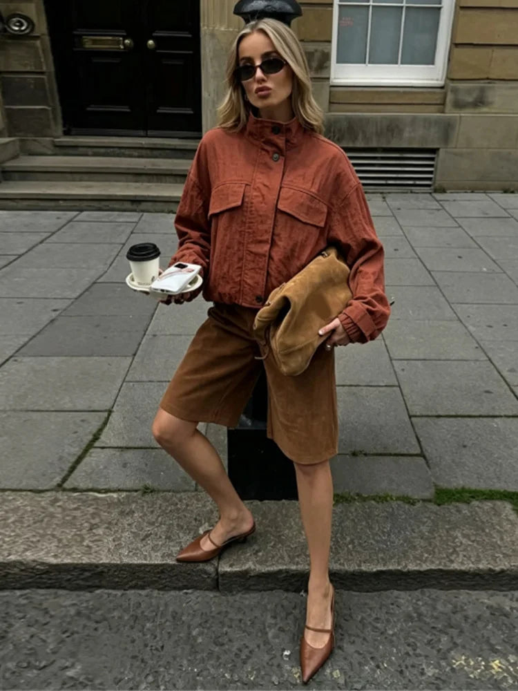 Casual Solid Loose Jacket Stand Collar With Big Pockets for Women