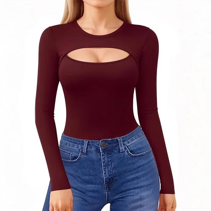 Seductive Tops Intricate Hollow Lacework T-Shirt Figure Hugging RoundNeck Blouse Classic Comfortable SolidColor Shirt