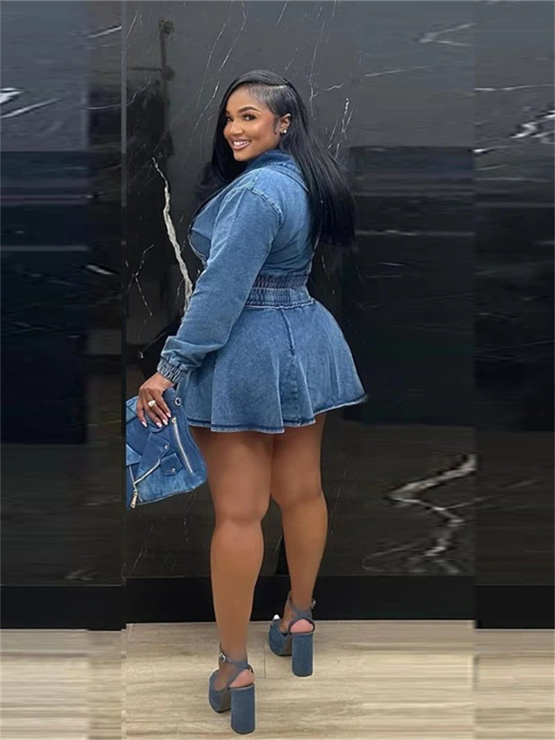 Hooded Denim Crop Top And Pleated Skirt Set for Women