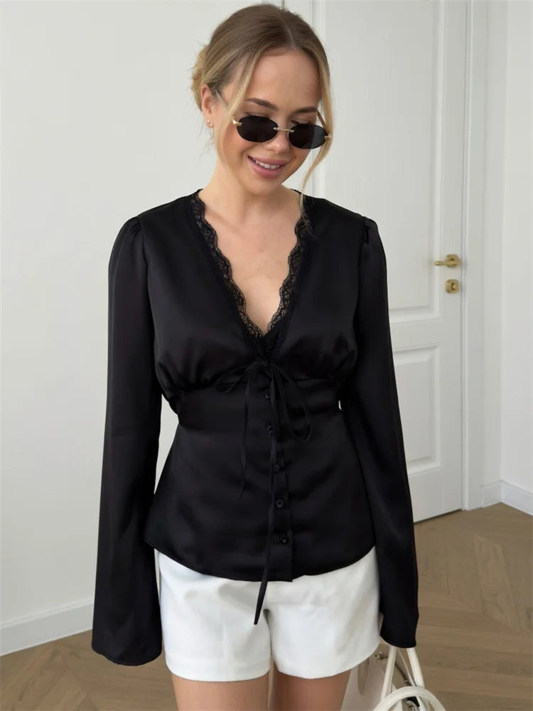 Lace-Up Satin Patchwork V-Neck Vest Top for Women**