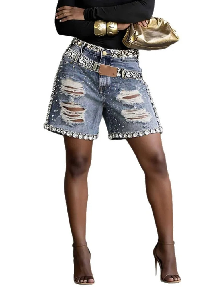 High Waist Ripped Denim Shorts With Rhinestone Detail For Women