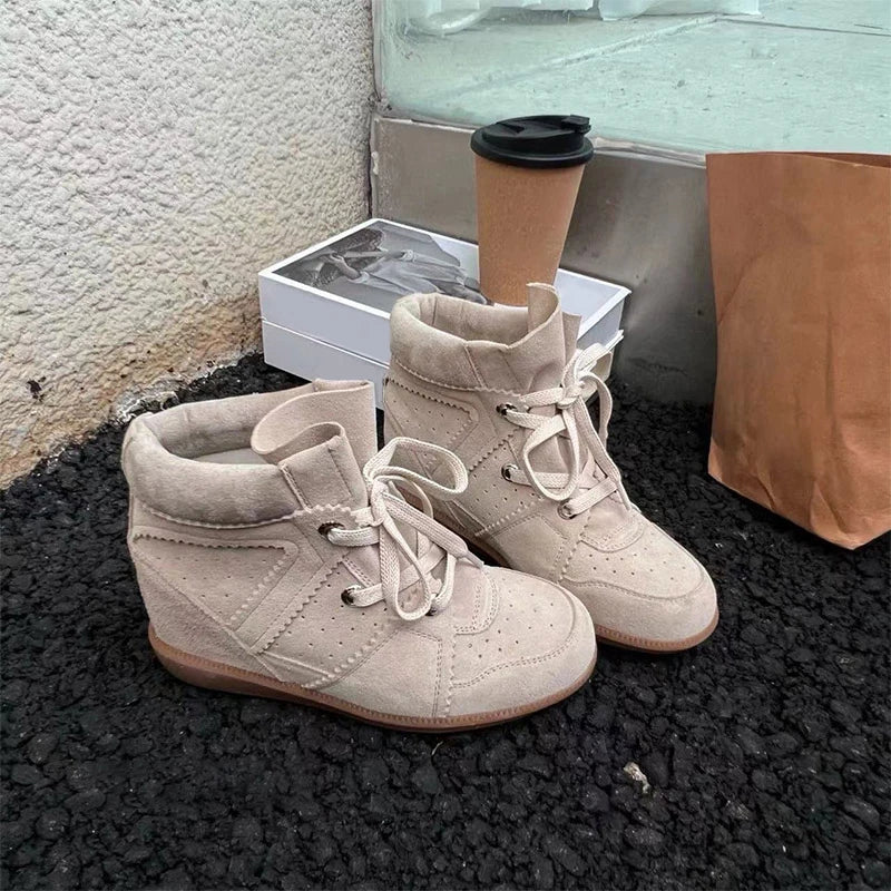 Brand Frosted Splicing Sneakers Women Fashion Versatile Casual High-top Shoes Inner Height Increase Textured Design Casual Shoes