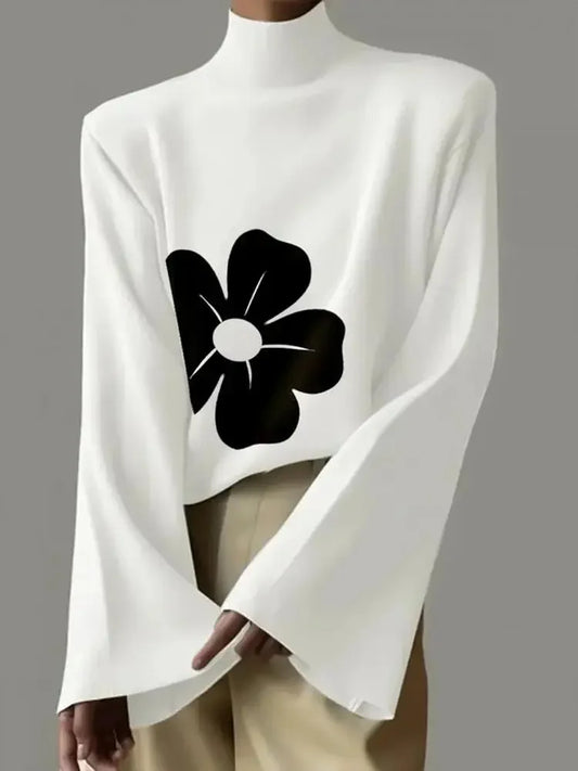 2024 New Spring Fashion Flower Printed High Neck Flared Sleeves Tops Korean Casual White T-Shirts For Women