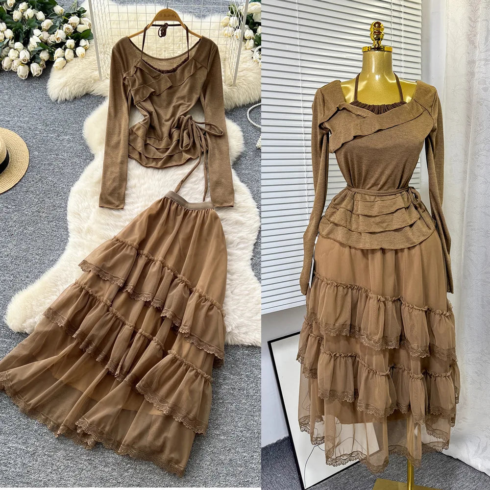 Elegant Mesh Ruffle Hem Halter Neck Dress Set for Women