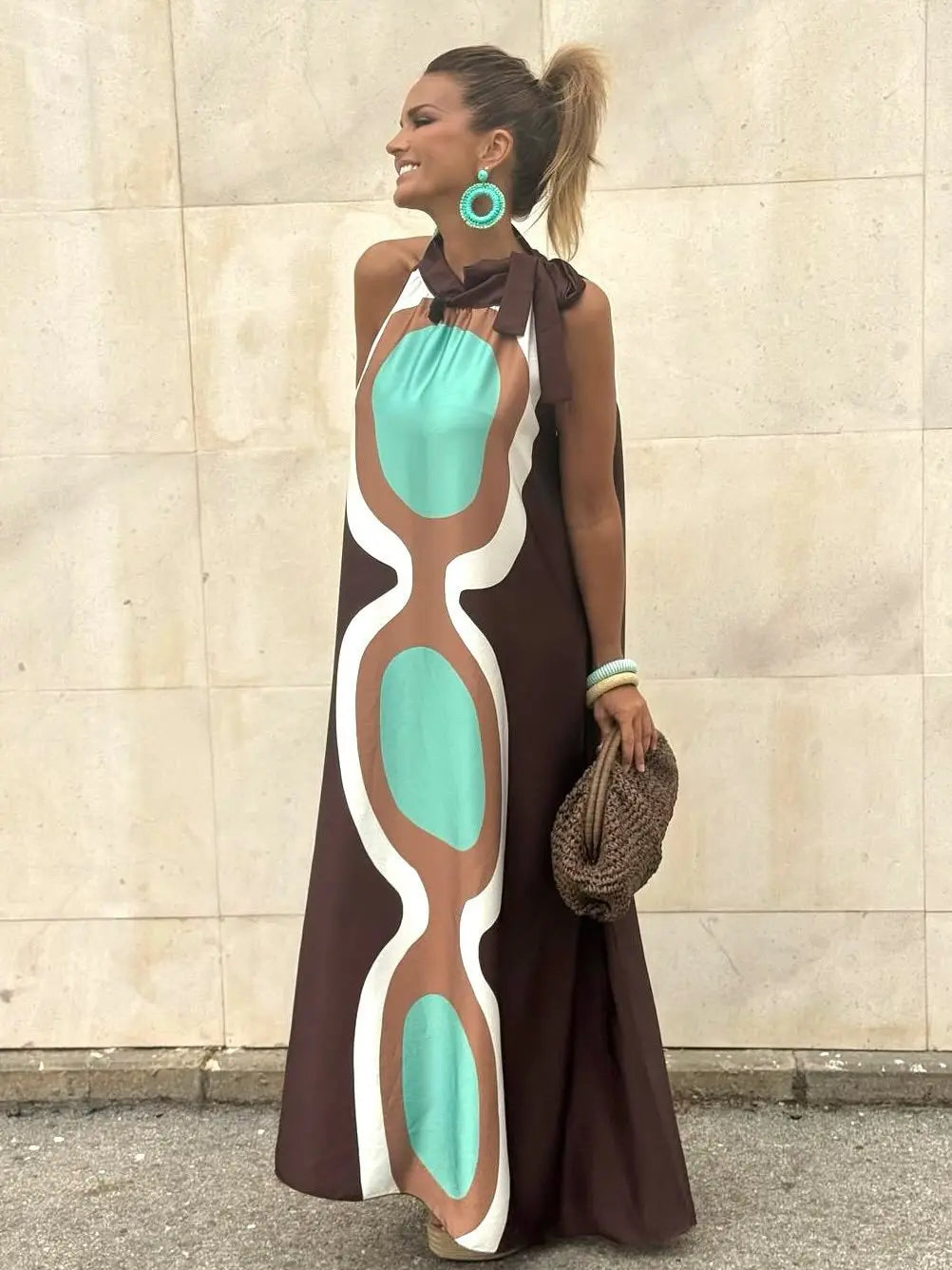 Casual Print Halter Neck Relaxed Fit Maxi Dress for Women