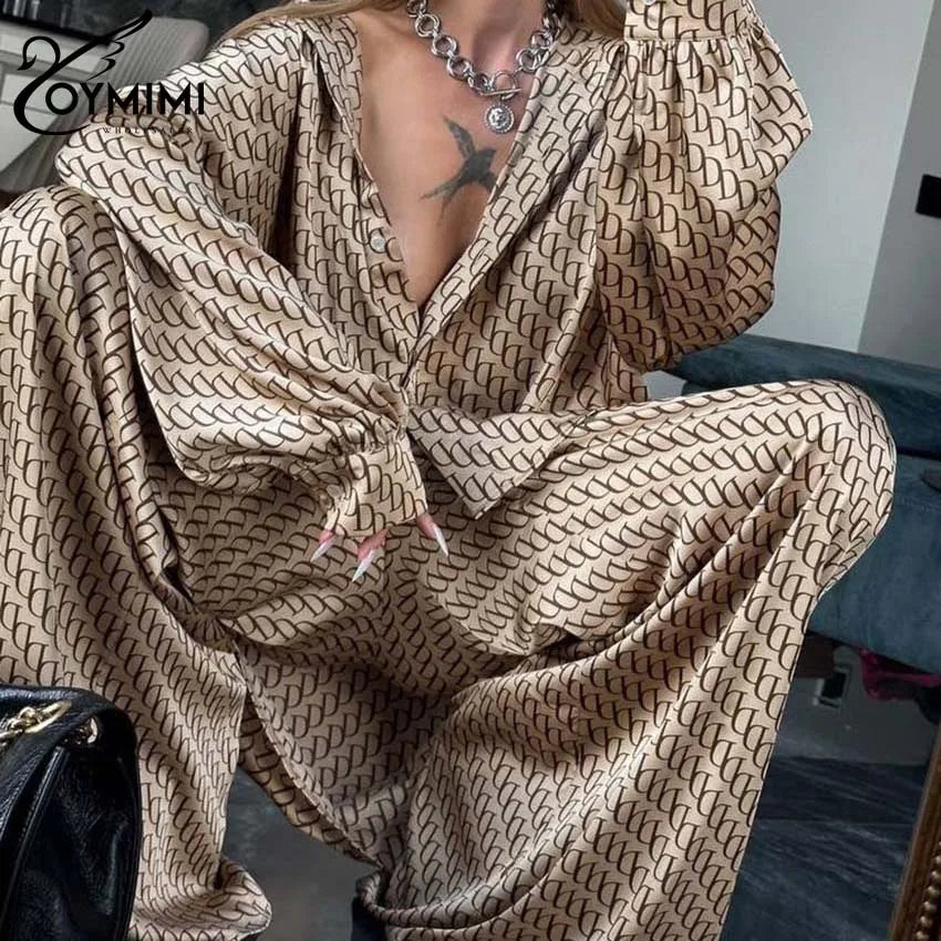 Oymimi Fashion Black Print Womens 2 Piece Outfit Set Elegant Lapel Long Sleeve Shirts And High Waisted Lopse Straight Pants Sets