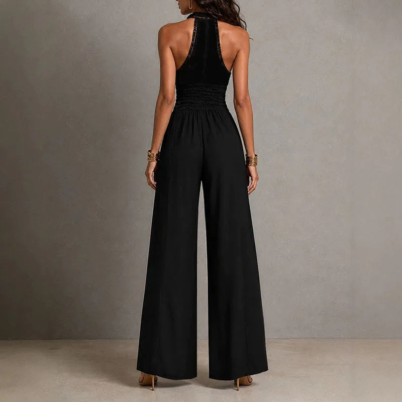 Sleeveless Halter Neck Ruched Wide Leg Jumpsuit for Women