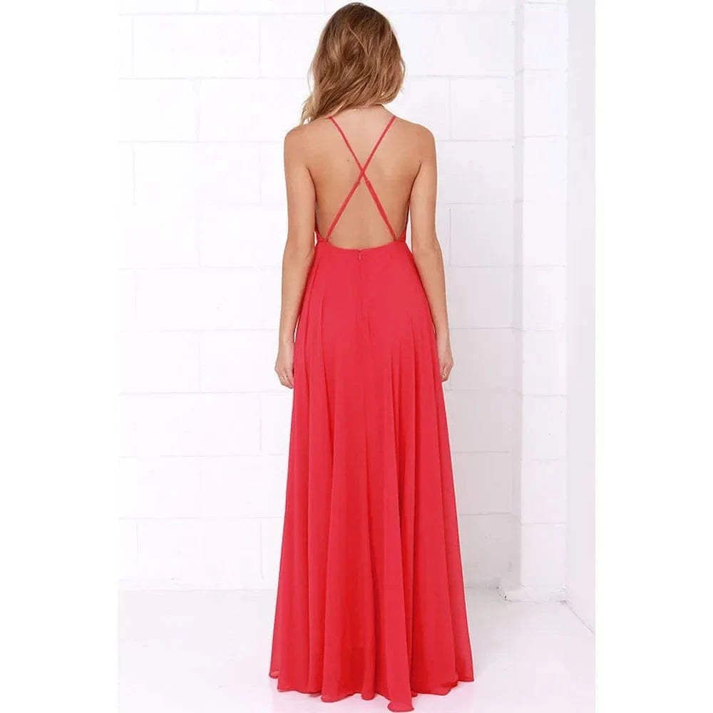 Fashion Women Summer Sleeveless Strap O neck Boho Dress Casual Long Maxi Evening Party Beach Backless Dress Sundress