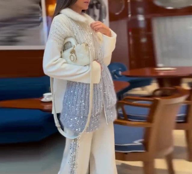 Women Elegant Pant Sets Two Piece Long Sleeve Sequins Splice Sweater Jacket Coat High Waist Side Sequin Trim Wide Leg Trousers