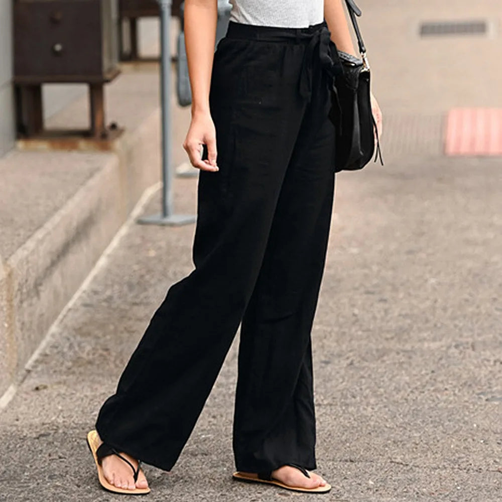 Linen Cotton Elastic Waist Ankle Length Pants for Women