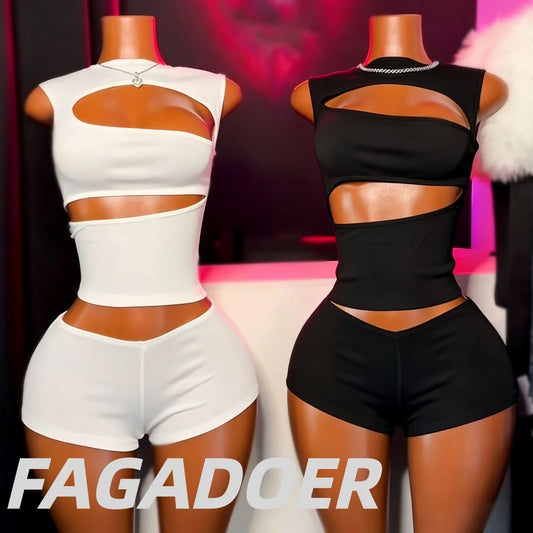 Hollow Out Patchwork Crop Top Set