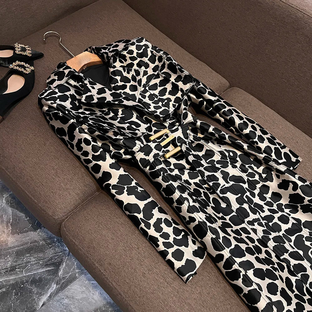 TWOTWINSTYLE British Style Leopard Print Coat For Women Lapel Long Sleeve Spliced Belt Temperament Trench Coats Female KJA545065