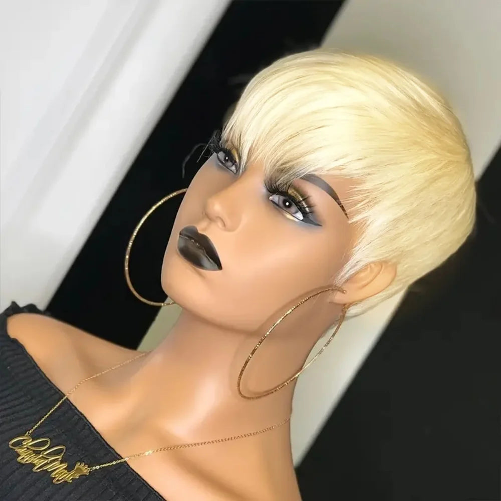 Brazilian Human Hair Wig Pixie Cut with Bangs Full Machine-Made Wig for Black Women Short Hair Wig