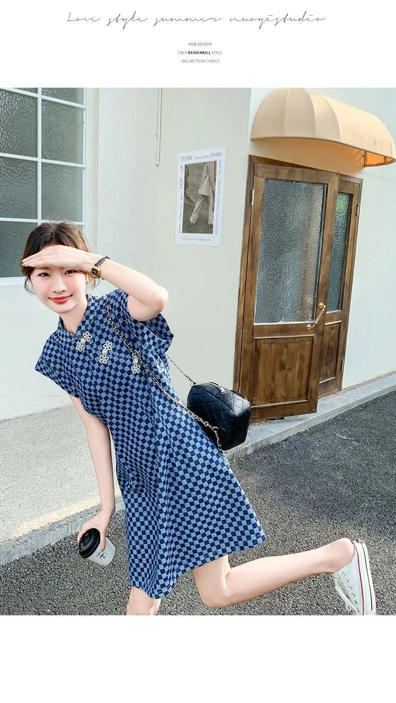Checkered Ethnic Style Summer Lightweight A Line Dress for Women