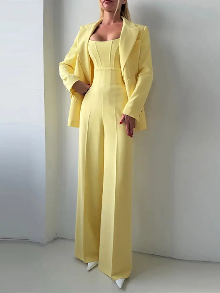 Elegant Wide Leg Pants And Blazer Three Piece Set For Women