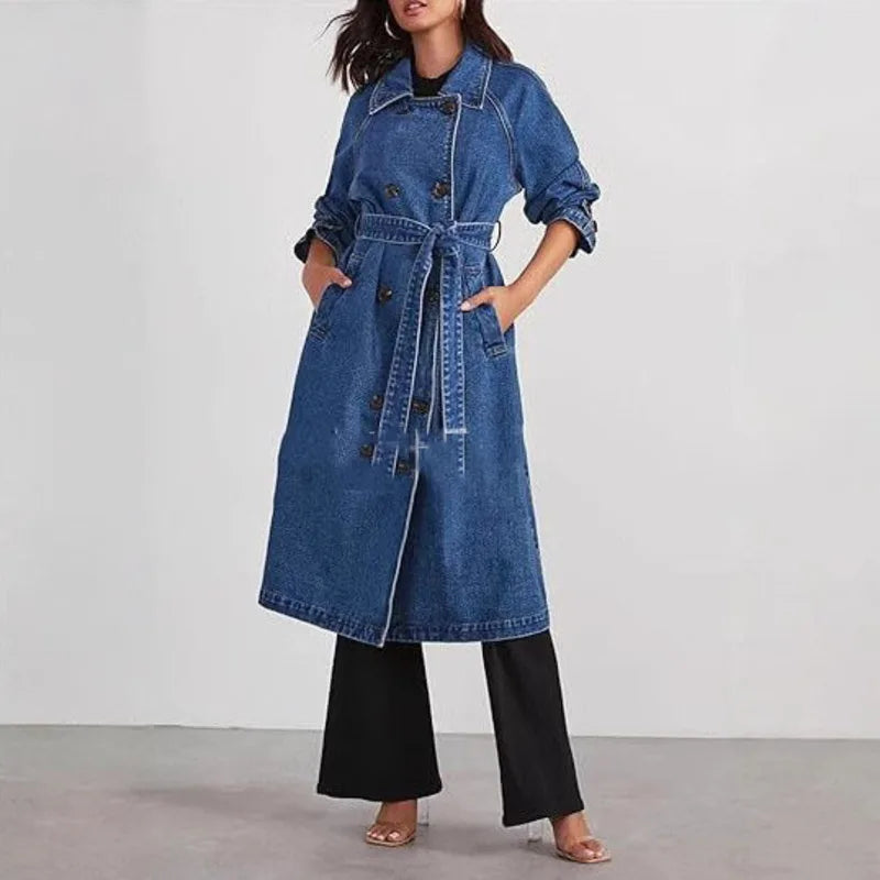 ANJY Autumn Winter New Women Fashion Elegant Denim Trench Coat Ins Streetwear Turn-Down Collar Lace-Up Button Long Jacket A13025