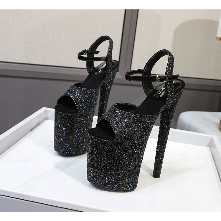 Elegant Sequined Gold High Heel Platform Sandals for Women