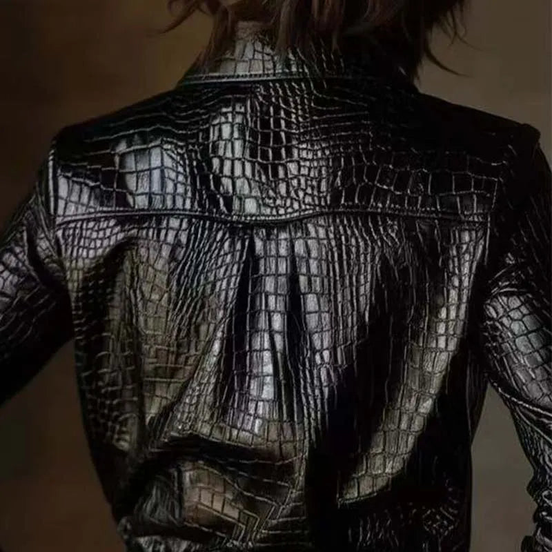 White Black Pu Snake Skin Button Cardigan Shirt TOP Women Elegant and Fashionable Long Sleeved Shiny Retro Top 2025 Streetwear