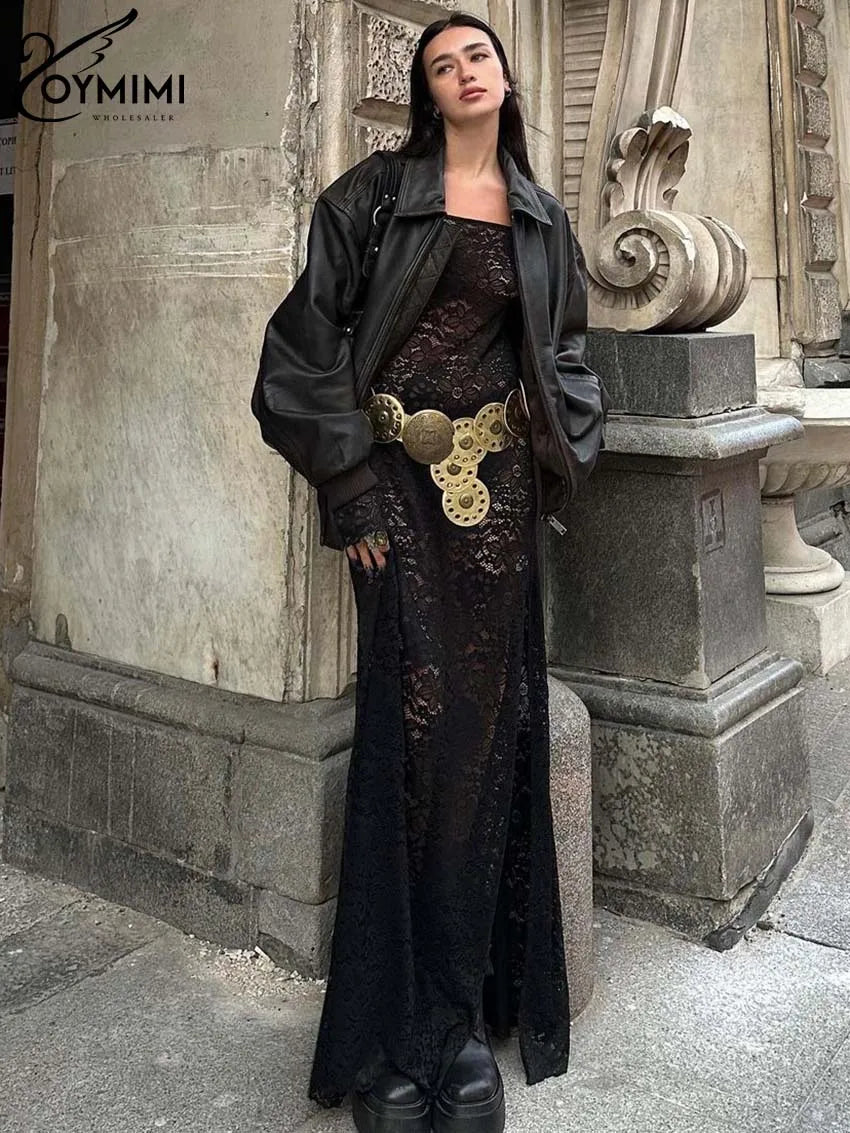 Oymimi Sexy White Lace Women's Dress Summer New Slim Square Neck Long Sleeve Dresses Fashion Straight Floor-Length Dress Female