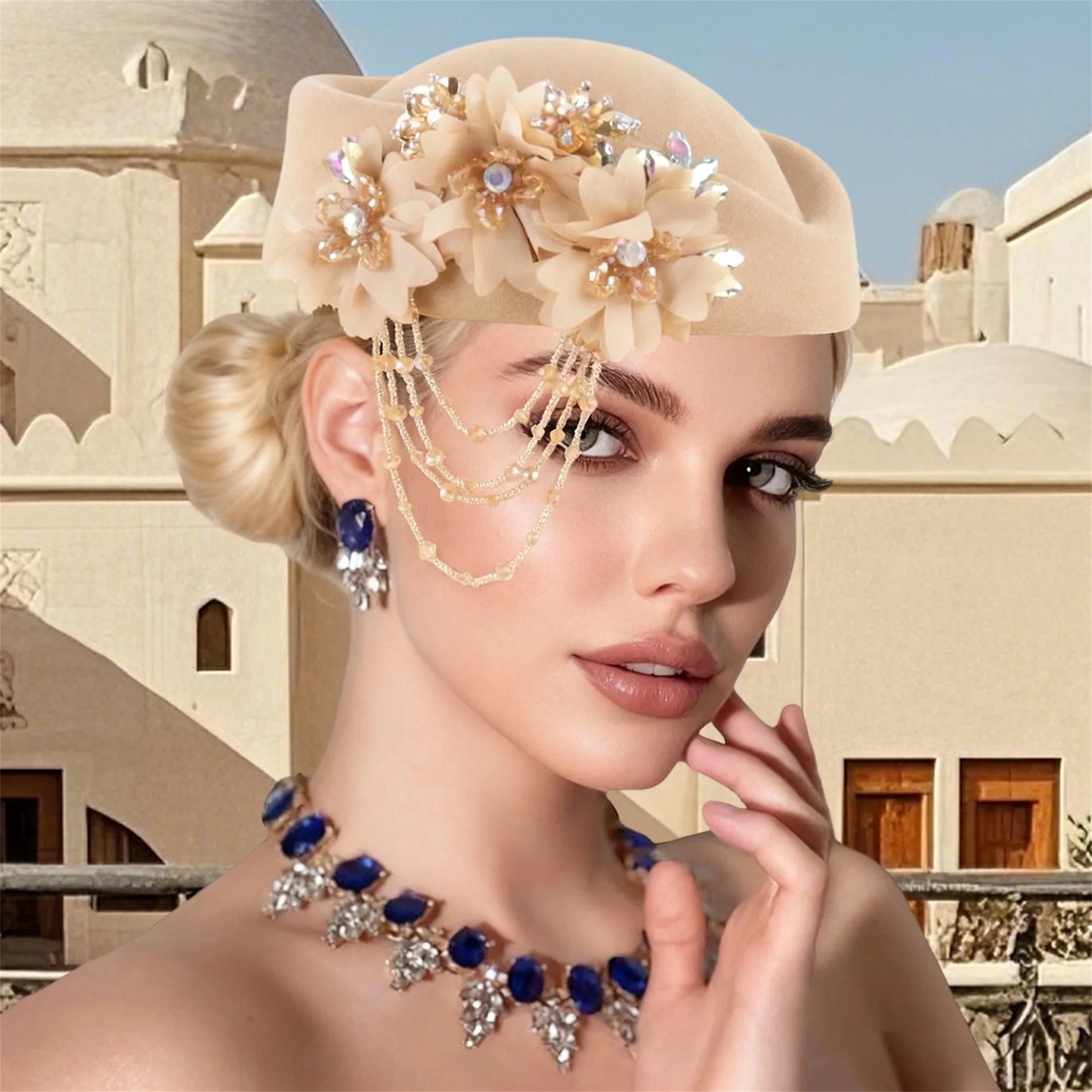 Retro British Beret With Floral Rhinestone Decor For Women