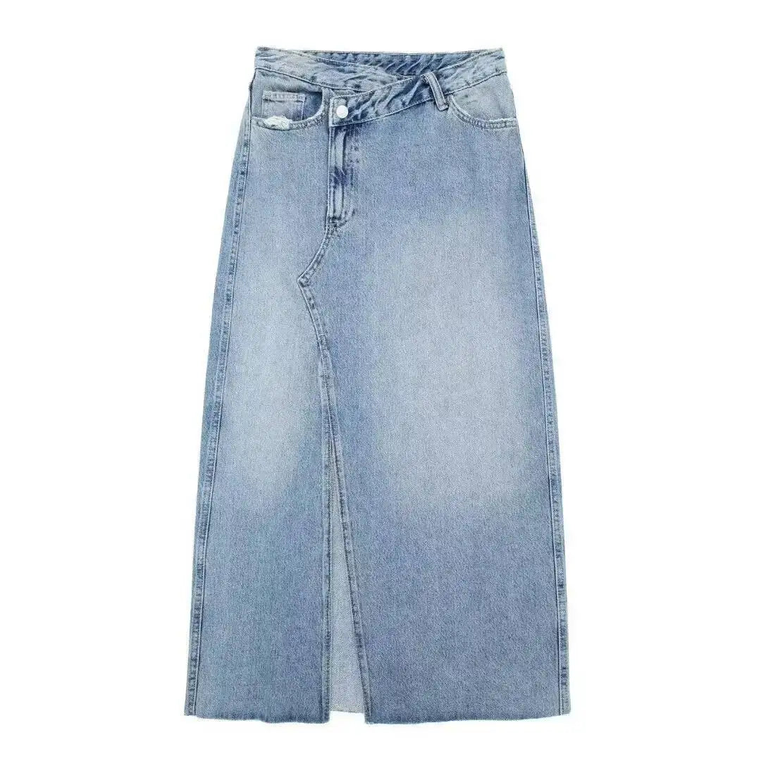 ANJY Summer New Women Chic Y2K Streetwear Elegant Ins Trendy Vintage Asymmetrical High Waisted Slimming Denim Split Skirt HK7080