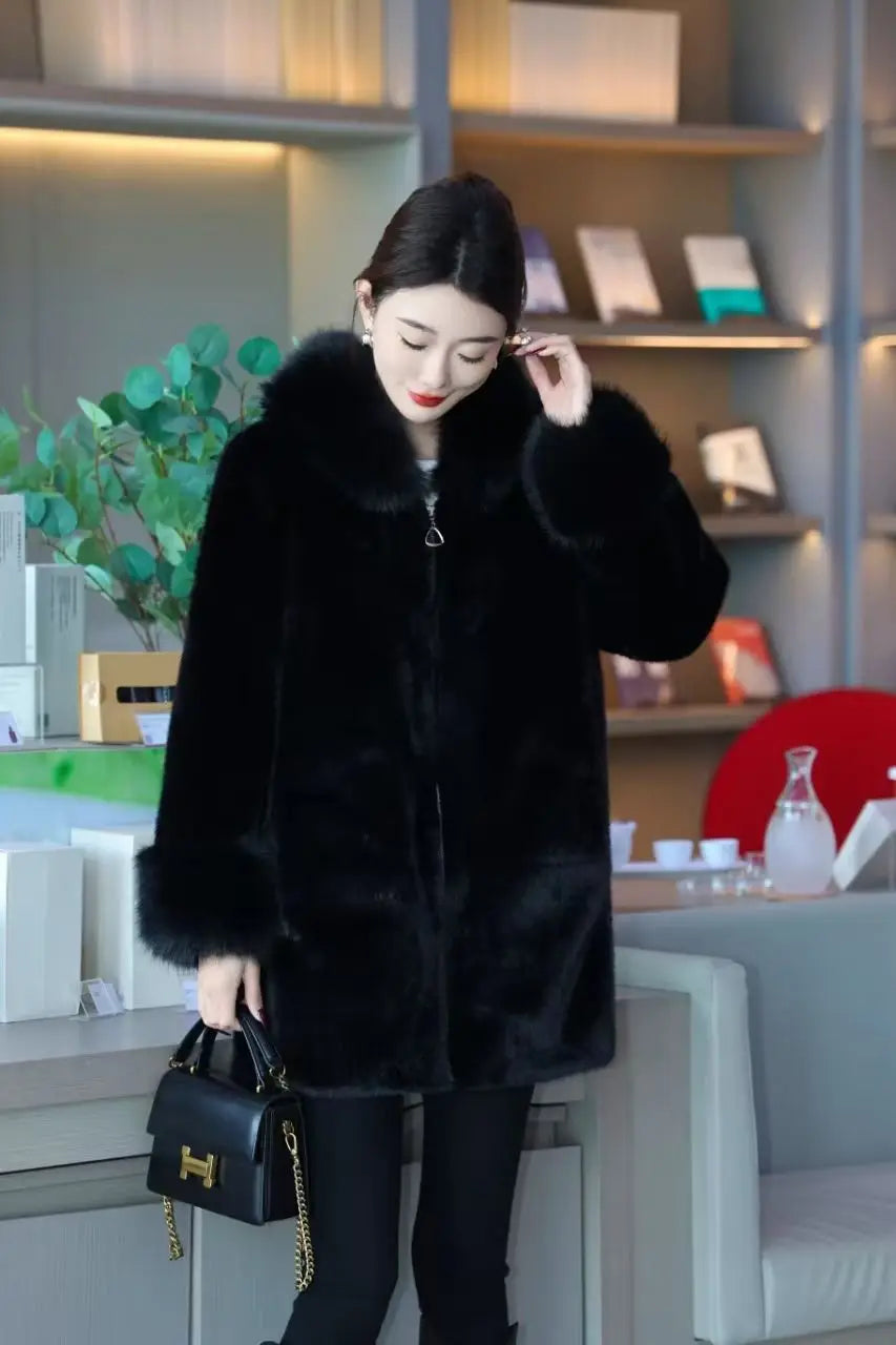 Faux Mink Fur Coat for Women,Zippers Jacket,Female Clothes,Fur Collar,Thick Warm,Autumn and Winter,2025