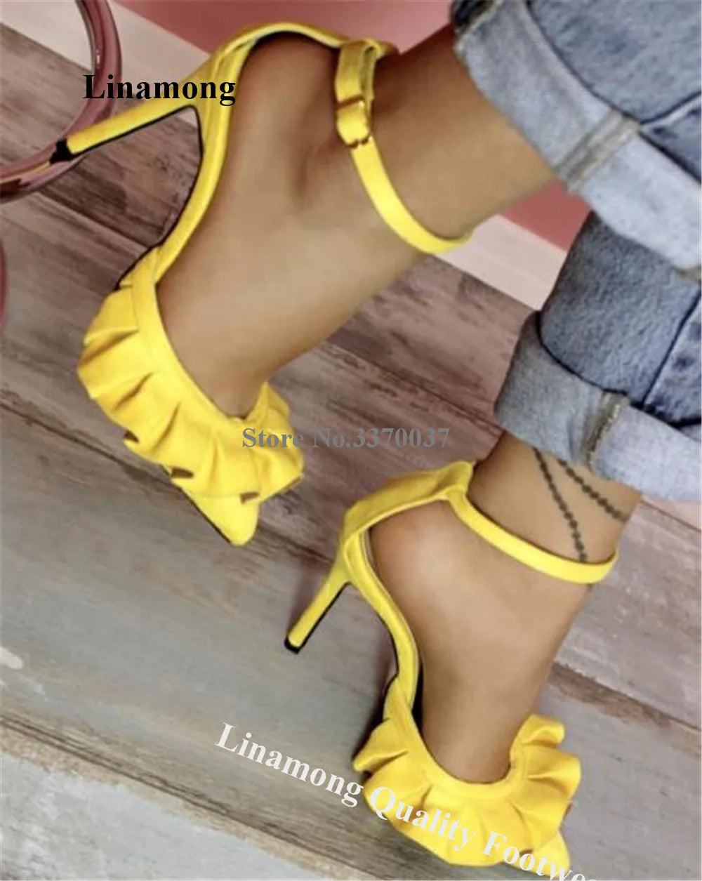 Yellow Suede Ruffle Ankle Strap Pointed Toe Stiletto Pumps For Women