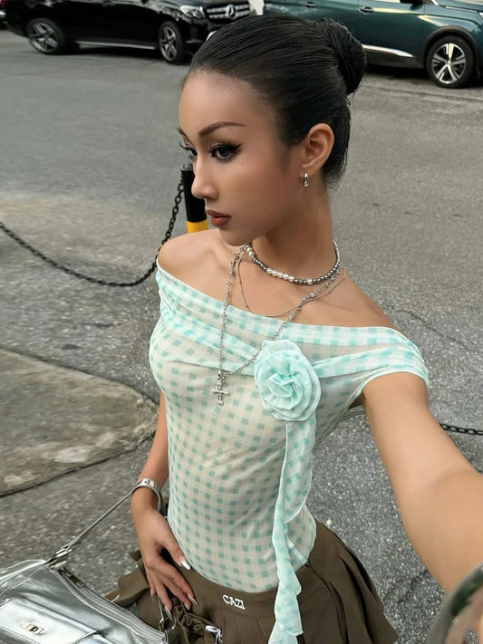 Weird Puss Plaid Print Applique Tops Women Mesh See Through Off Shoulder Backless Tassel Hot Girls Street Fashion Trend T-Shirts