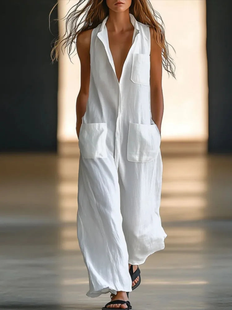 Gymystars Cotton Vintage Jumpsuits Women's Overalls Fashion Loose Pocket Design Elegant V-neck Sleeveless Romper Solid Overalls