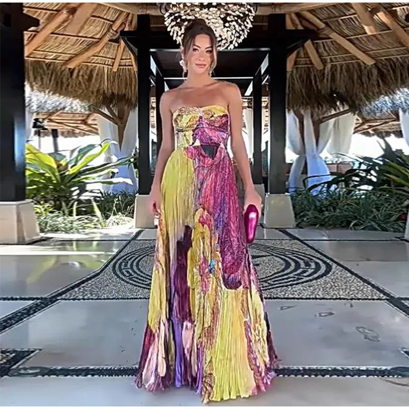 Elegant Floral Print Pleated Floor Length Dress For Women