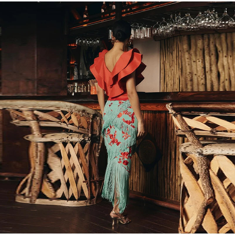 Ruffle V-Neck Sleeveless Blouse and Plaid Skirt Set for Women