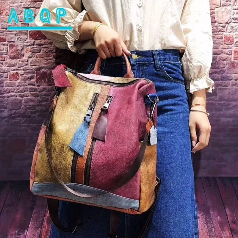 ABQP New Women's Backpack Luxury Brand Genuine Leather Handmade Color Women's Backpack Large Capacity Travel Leisure Backpack
