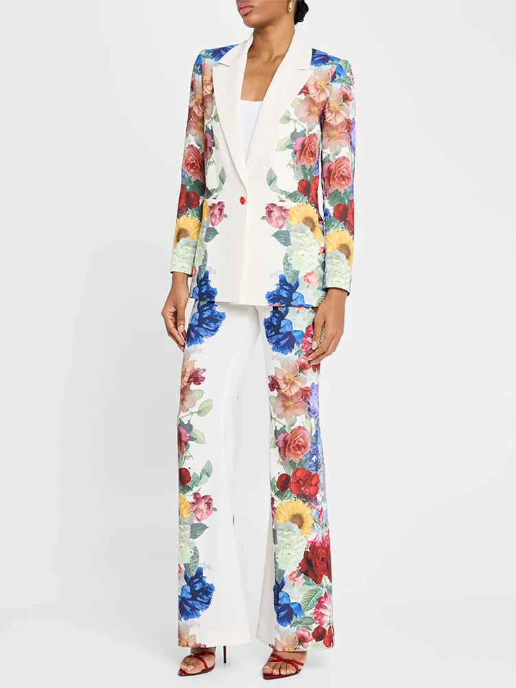 HIGH STREET Newest 2026 Designer Runway Suit Set Women's Gorgeous Floral Printed Blazer Pants Suit 2pcs
