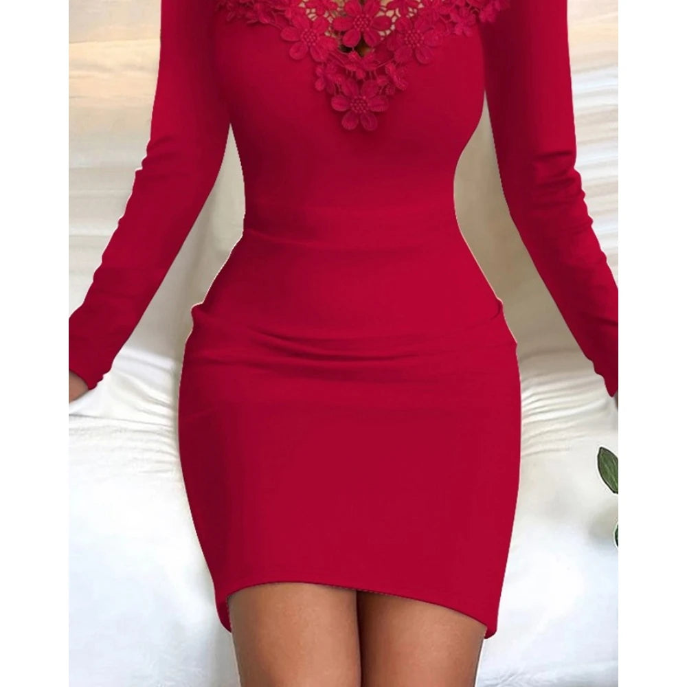 Contrast Lace Round Neck Slim Fit Bodycon Dress Hollow Out Mini Party Dress