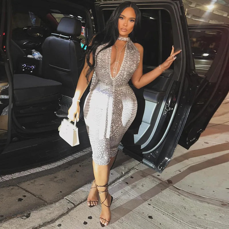 Sexy Halter Backless Patchwork Python Print Bodycon Jumpsuit for Women