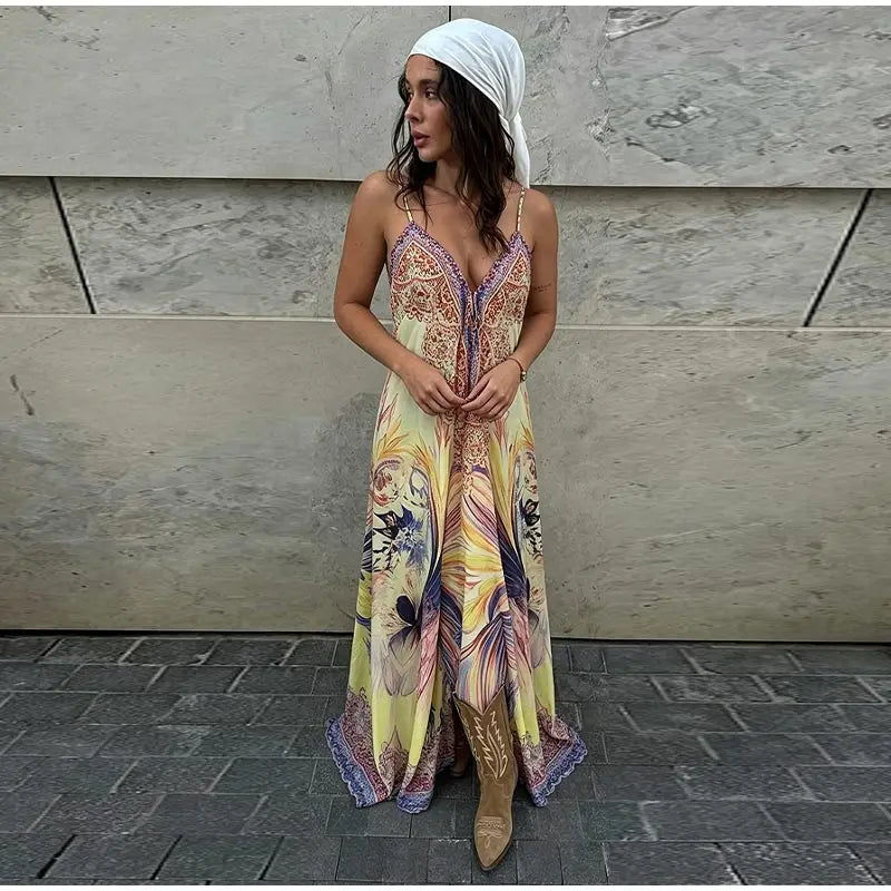 Beach Print Halter Neck Backless Long Dress for Women