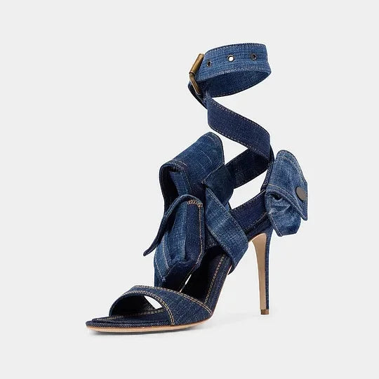 Blue Denim Pockets Design Open Toe Sandals for Women