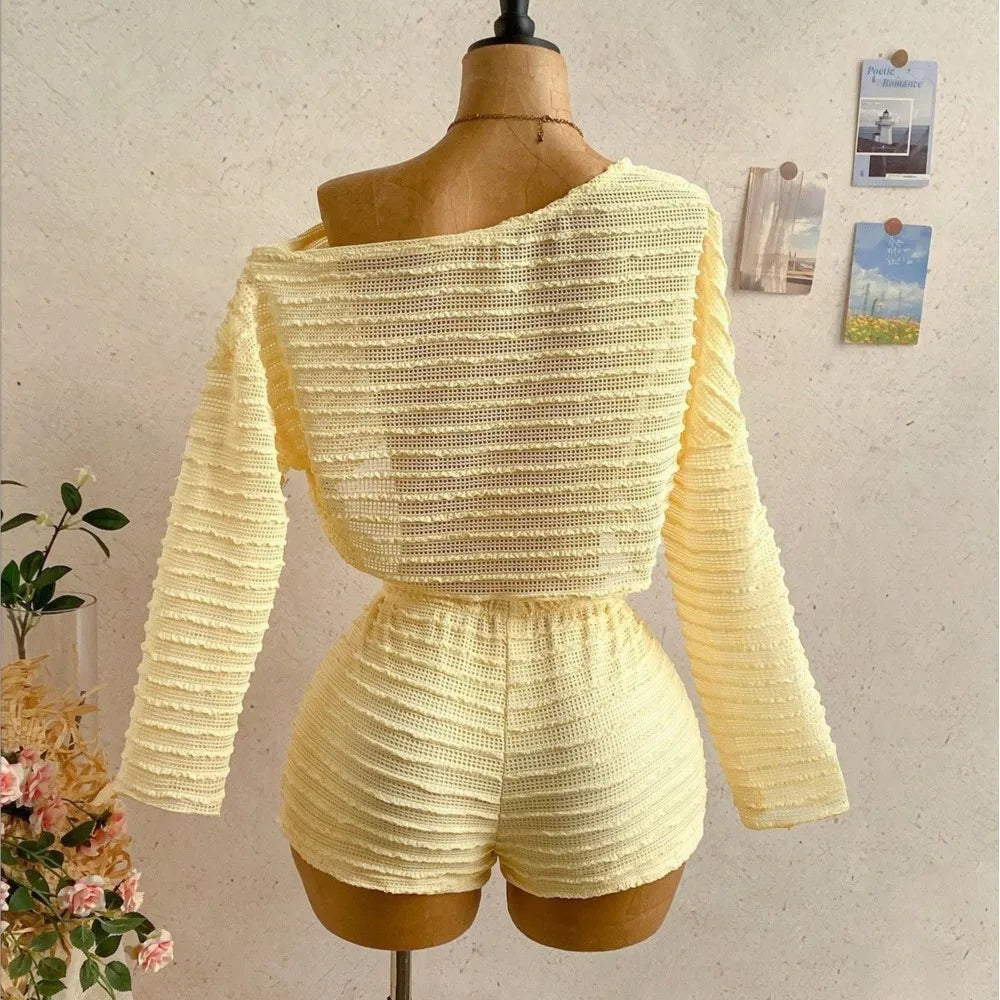 Slanted Shoulder Knit Two Piece Shorts Set for Women