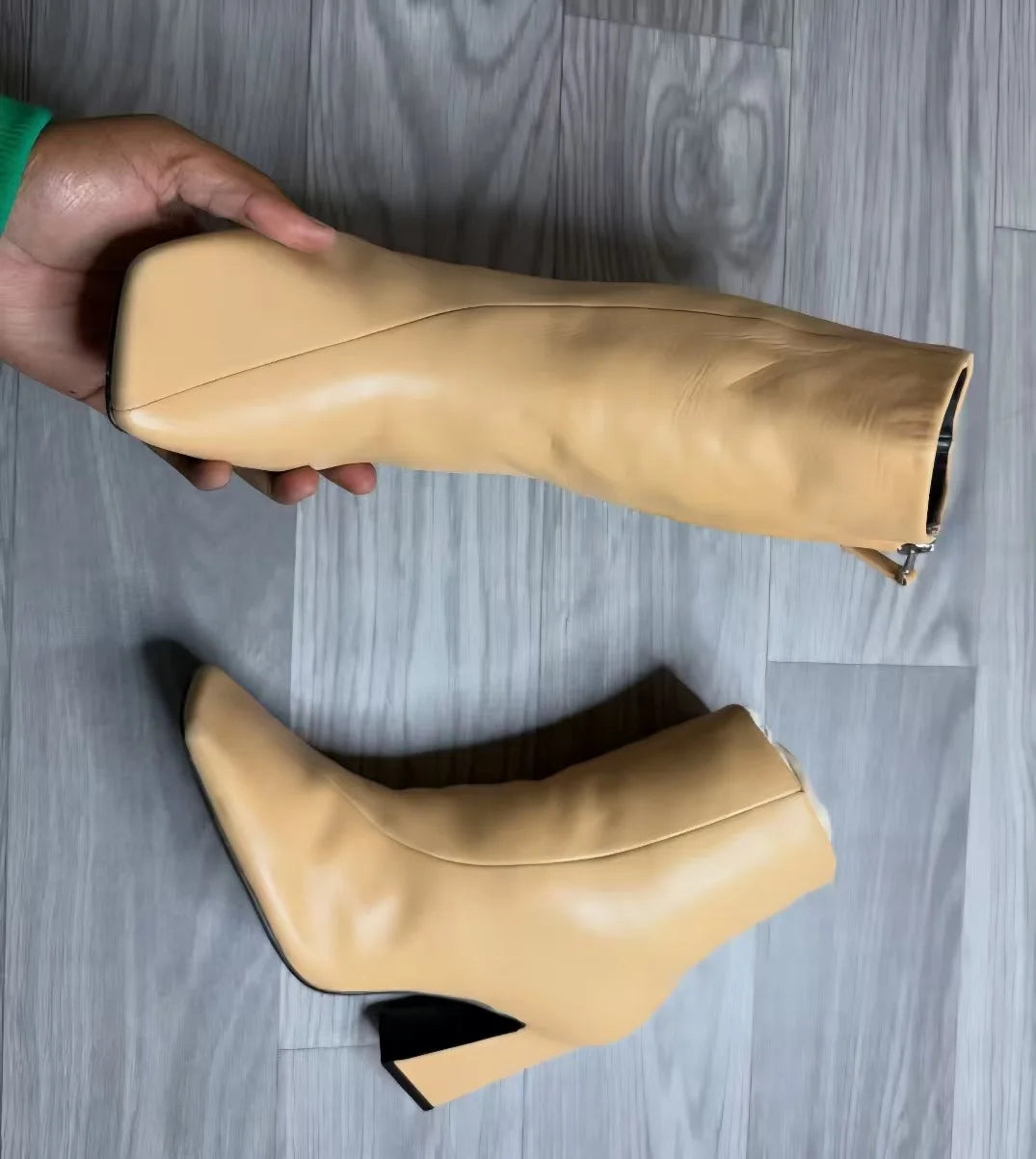 Khaki Leather Chunky Heel Ankle Boots