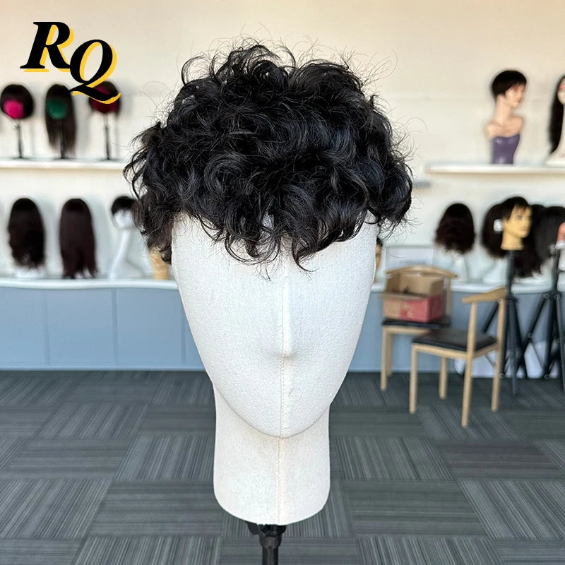 Stylish Curly Pre Cut Remy Human Hair Toupee System For Men